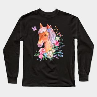 Horse Watercolor Floral Long Sleeve T-Shirt